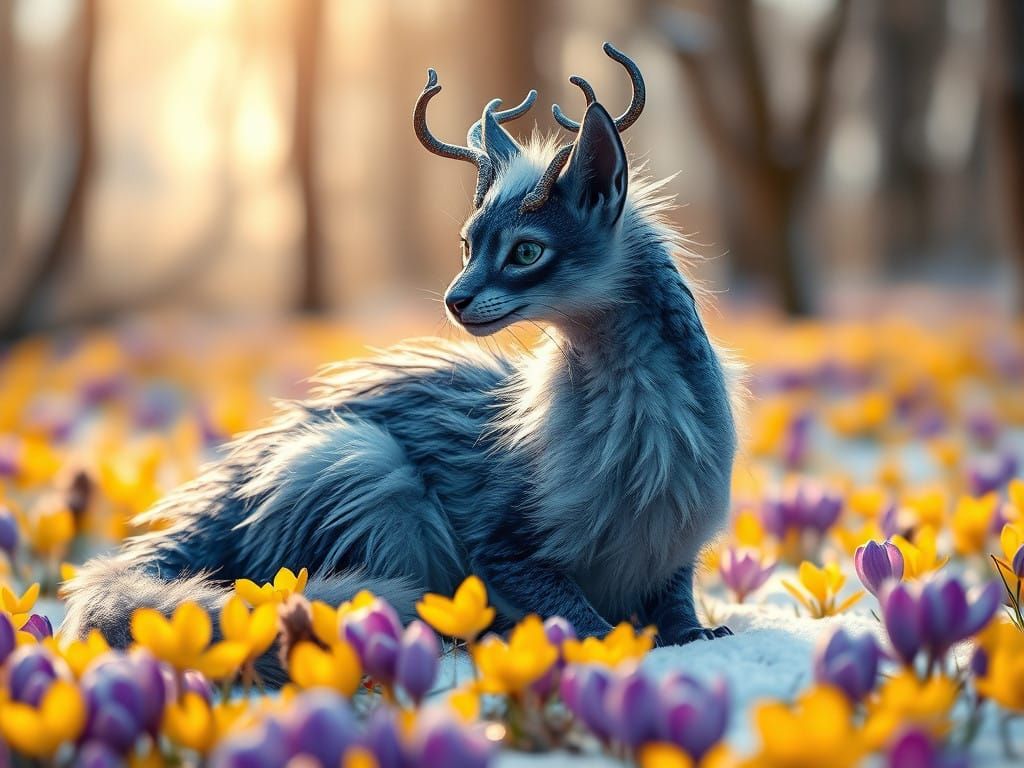 Dragon-Cat Amidst Winter Wonderland in Soft Hues and Golden...