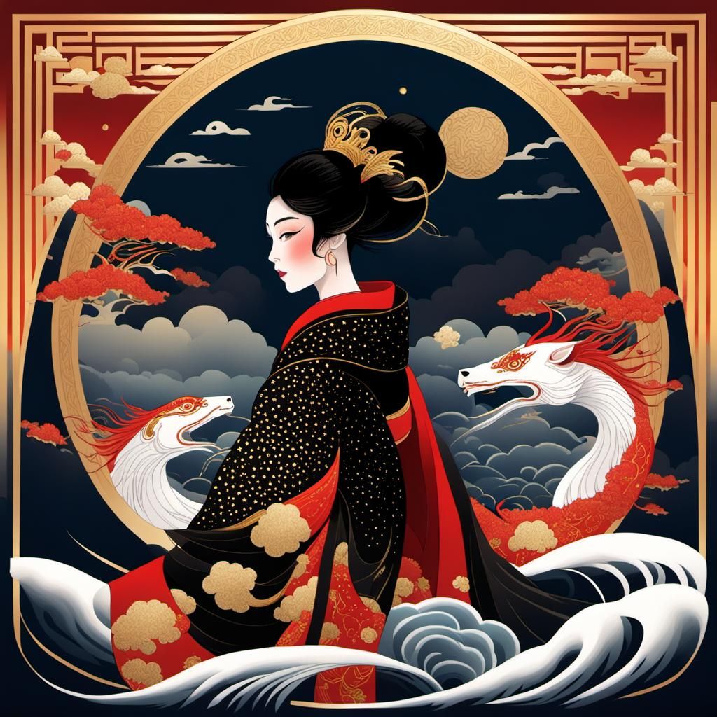 Night Rides Kirin in Erte Style Art Deco Drawing