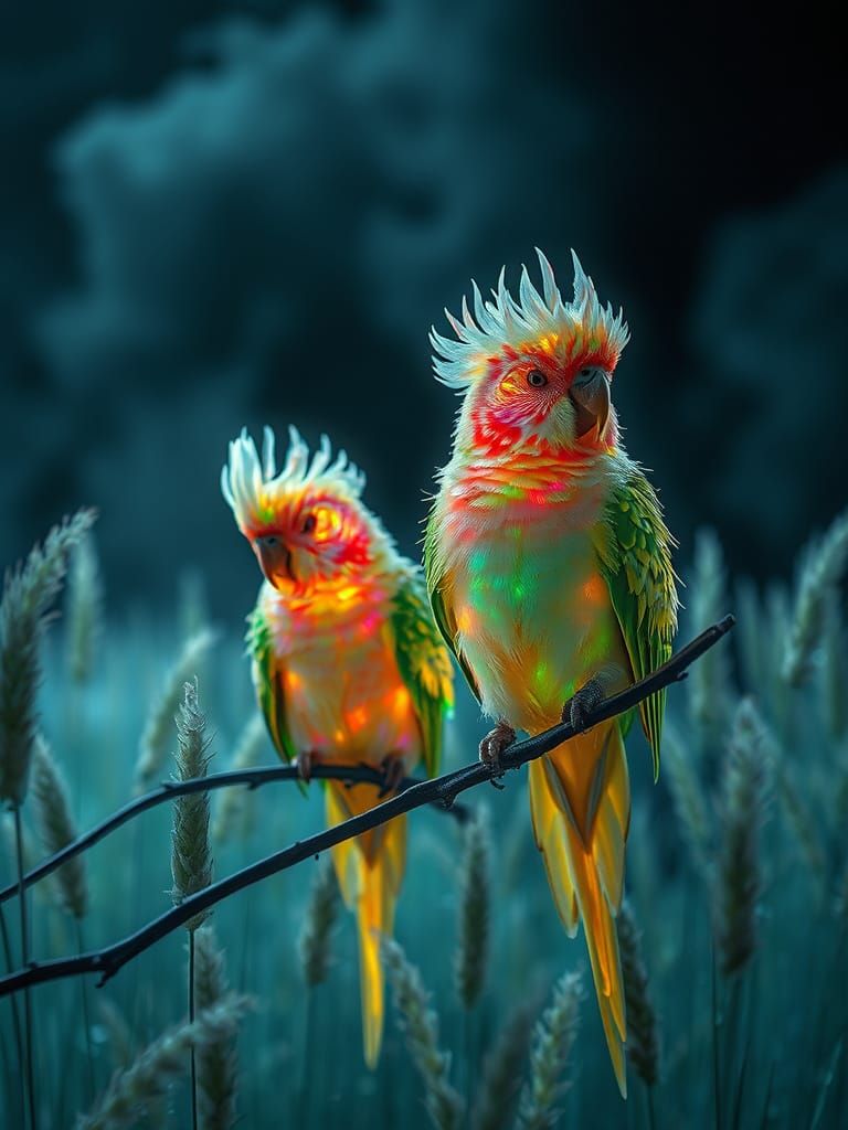 Iridescent Parakeets with Bioluminescent Feathers on Branche...