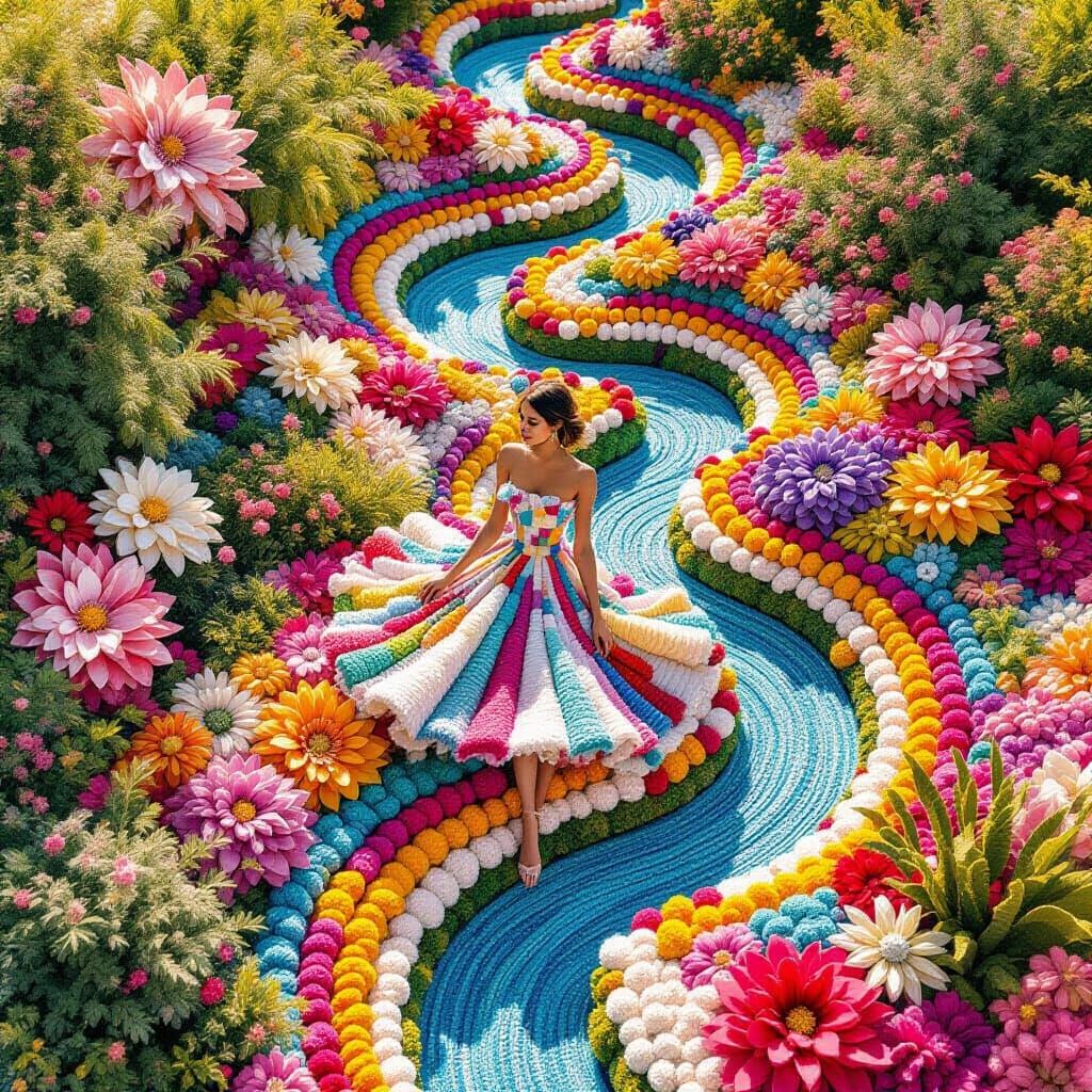 Stylized Yarn Garden with Woman, Textile Art Aesthetic
