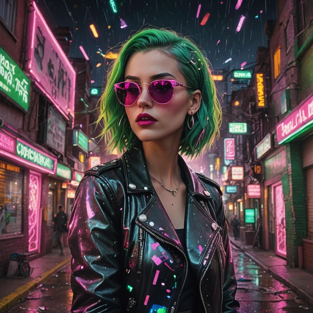 Punk Girl with Neon Lights in 90s Style