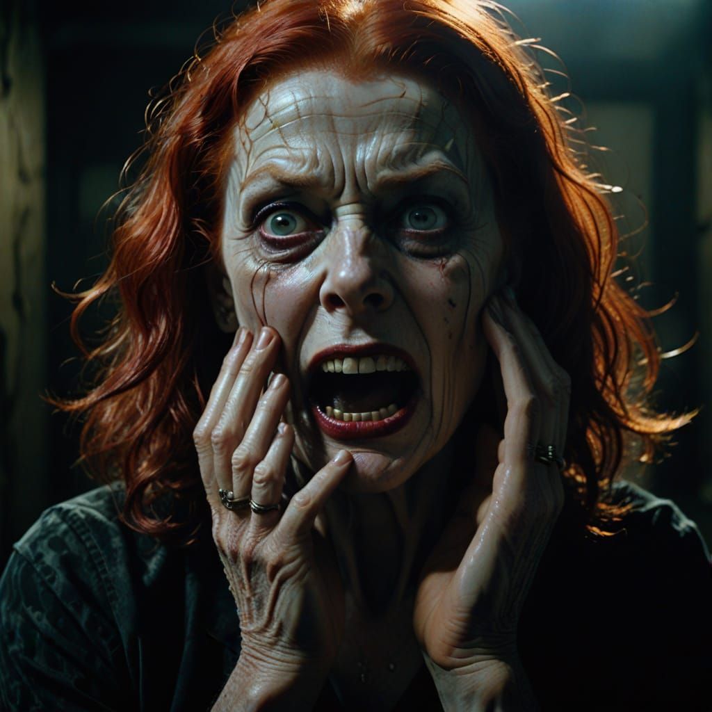 Surrealistic Horror Portrait of a Terrified Redhead Woman