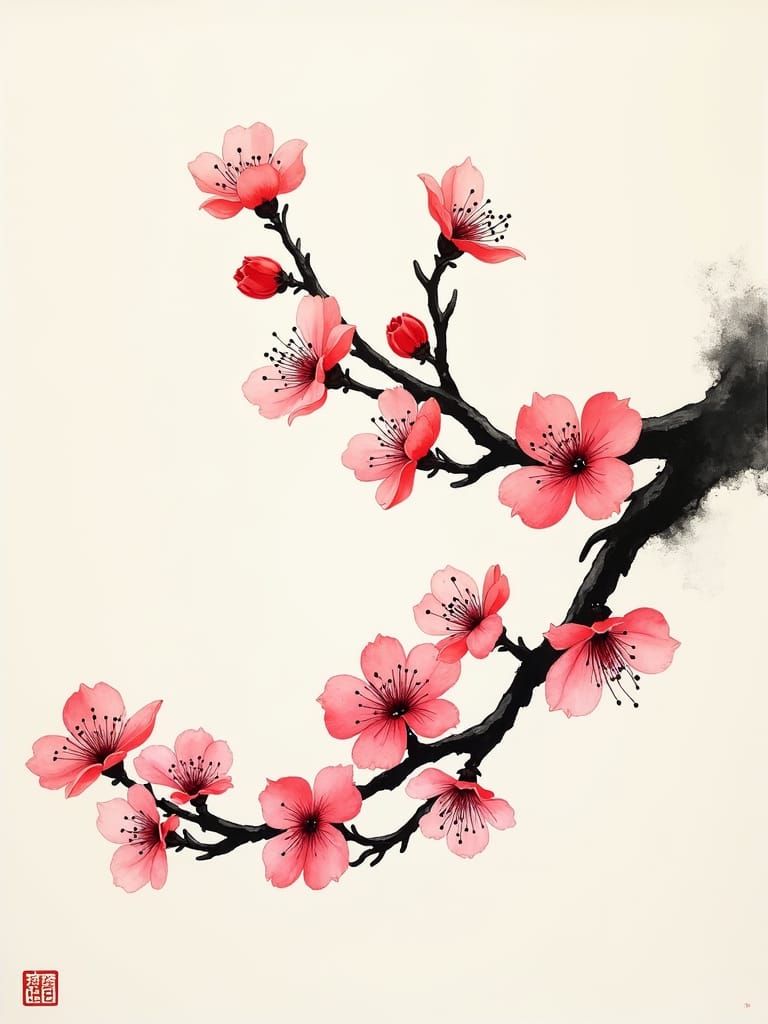 Japanese Ink Brush Cherry Blossom Art