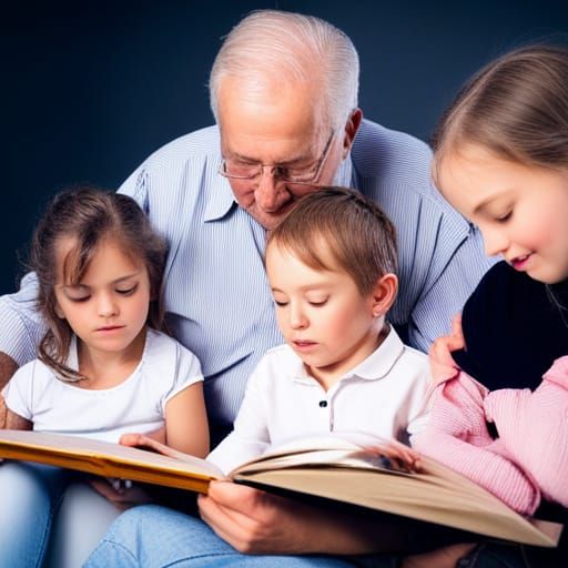 Grandfather Reading with Grandchildren: Hyperrealistic Image