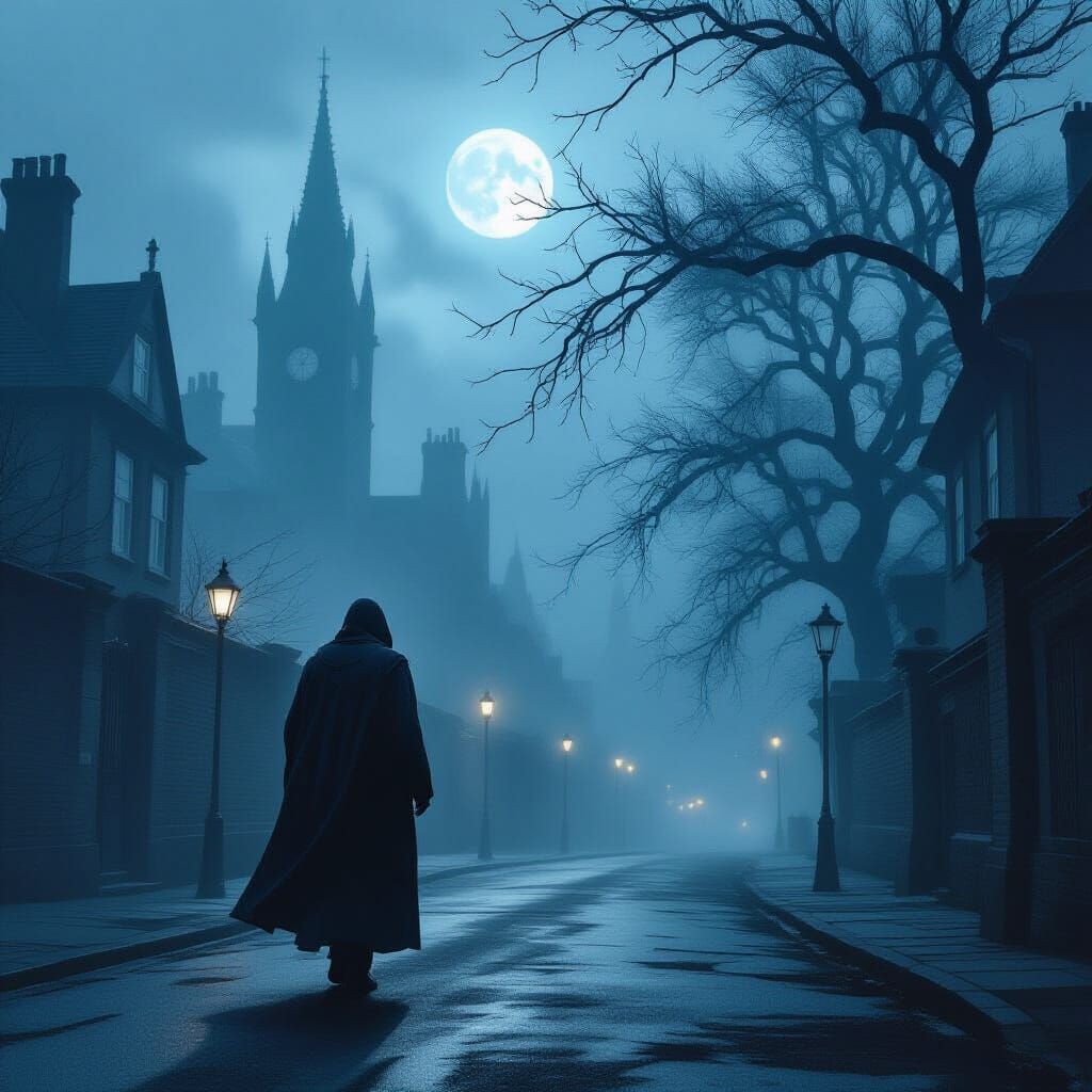 Mysterious Figure on Foggy Moonlit Street