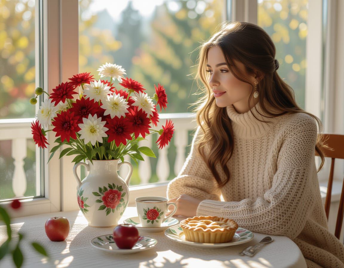 Morning Porch Scene with Dahlias in Hyperrealistic 3D