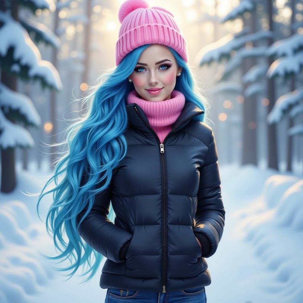 Blue Haired Woman in Winter Wonderland with Pink Hat