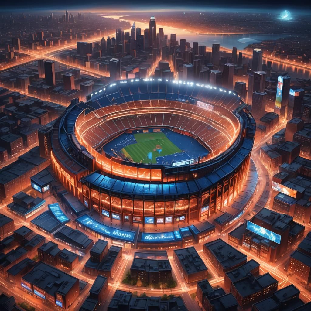 Magical Baseball Stadium in Glowing Cityscape: Digital Conce...