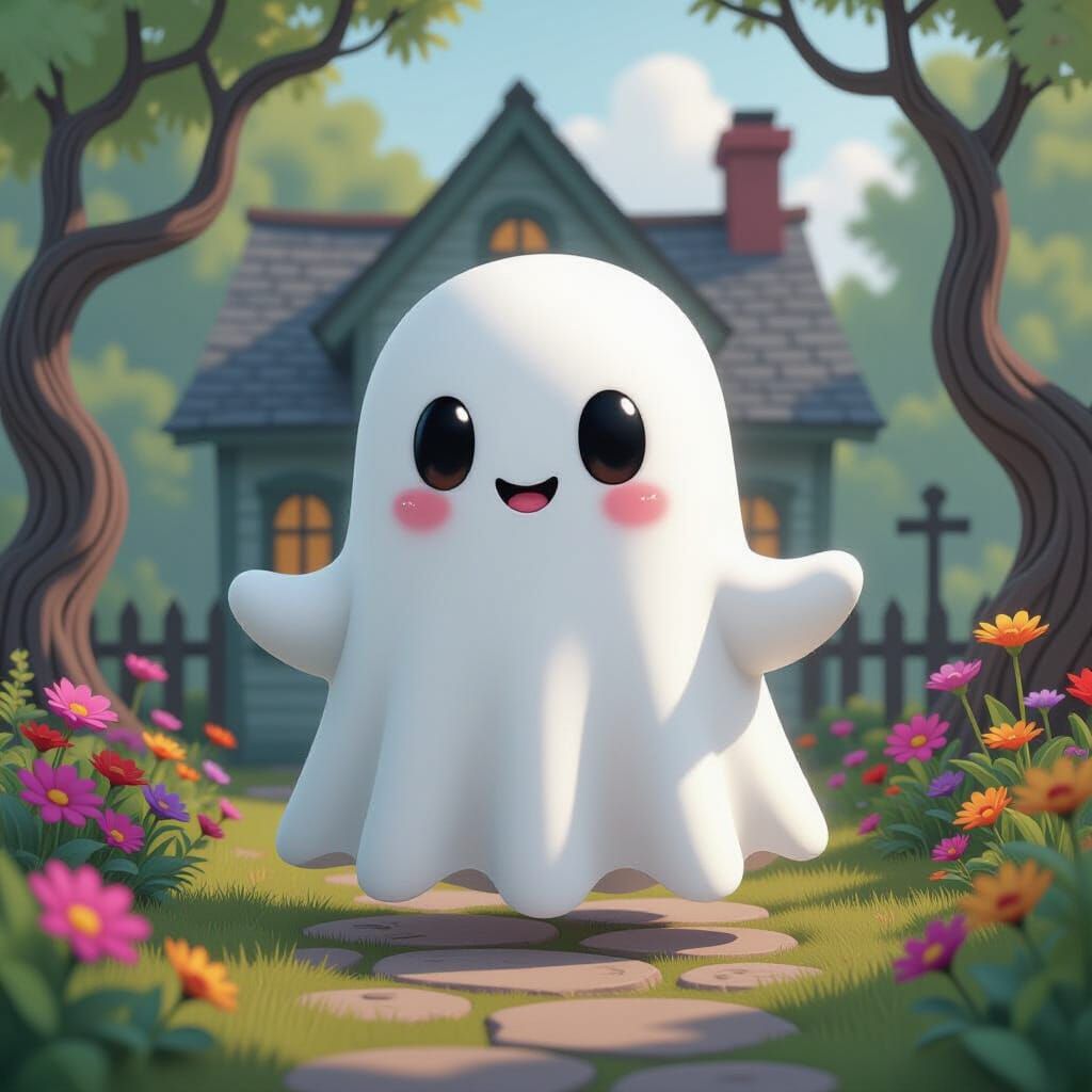 Cute Ghost in Whimsical Garden, 3D Render
