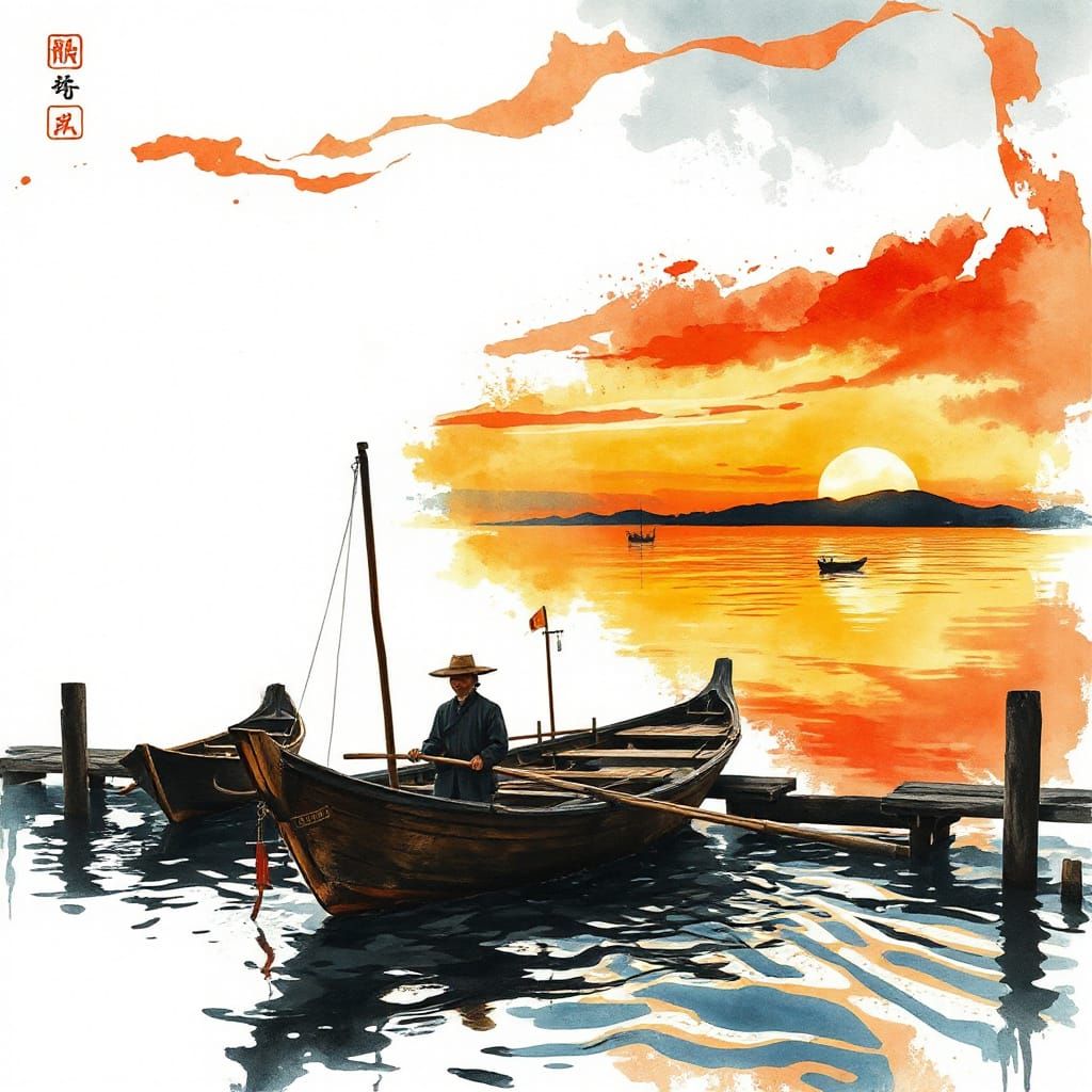 Sunset Dock: Watercolour and Ink Painting