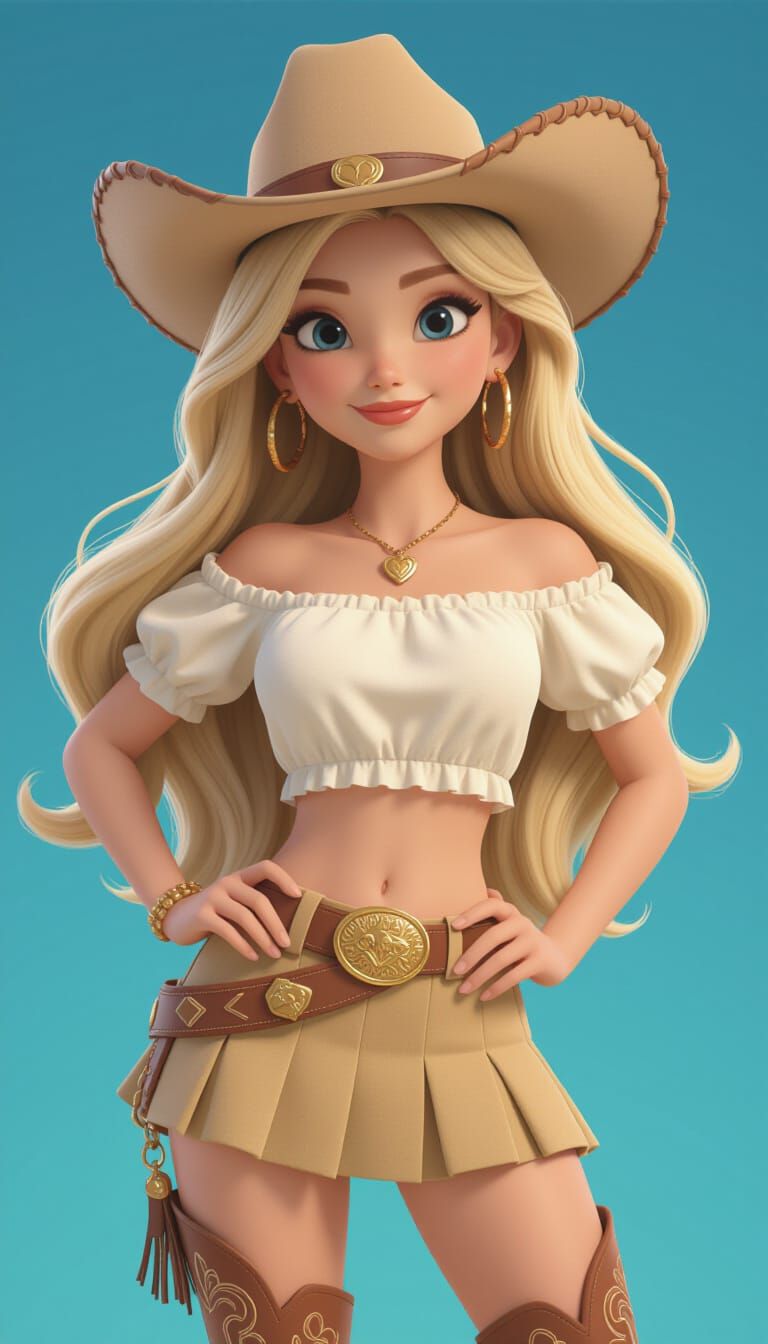 Cartoon Cowgirl in 3D Style with Cowboy Hat