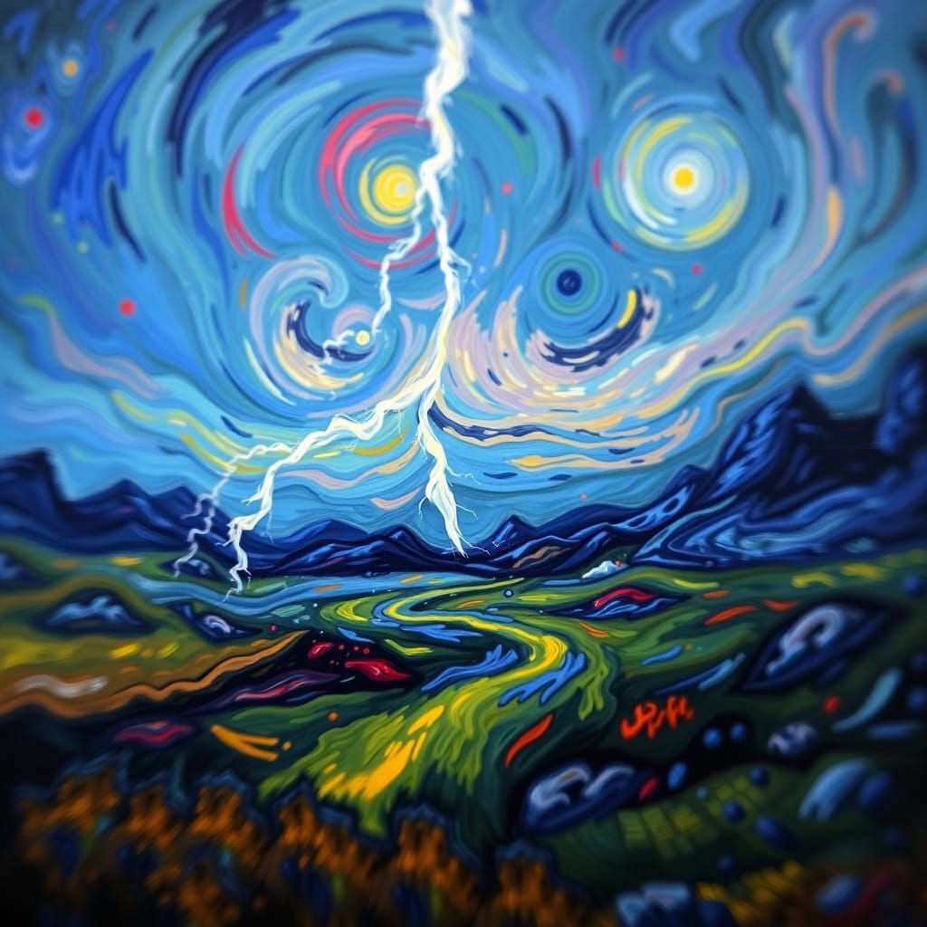 Surreal Lightning Landscape in Van Gogh's Vibrant Brushstrok...