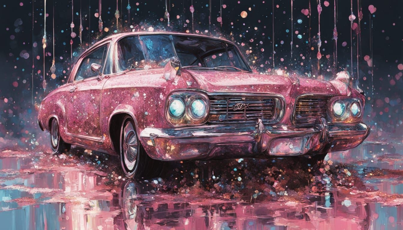 Cute Pink Vintage Car in Sparkling Bubbly Land