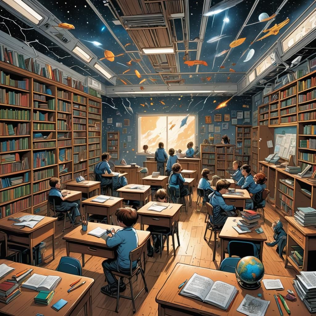 Classroom in Space with Flying Objects