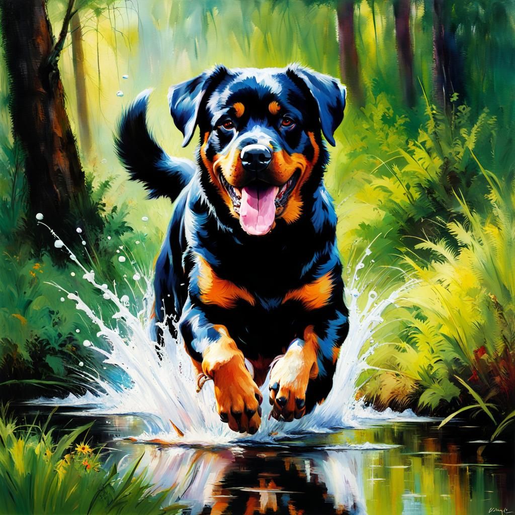 Playful Rottweiler in Forest: Oil Painting Style