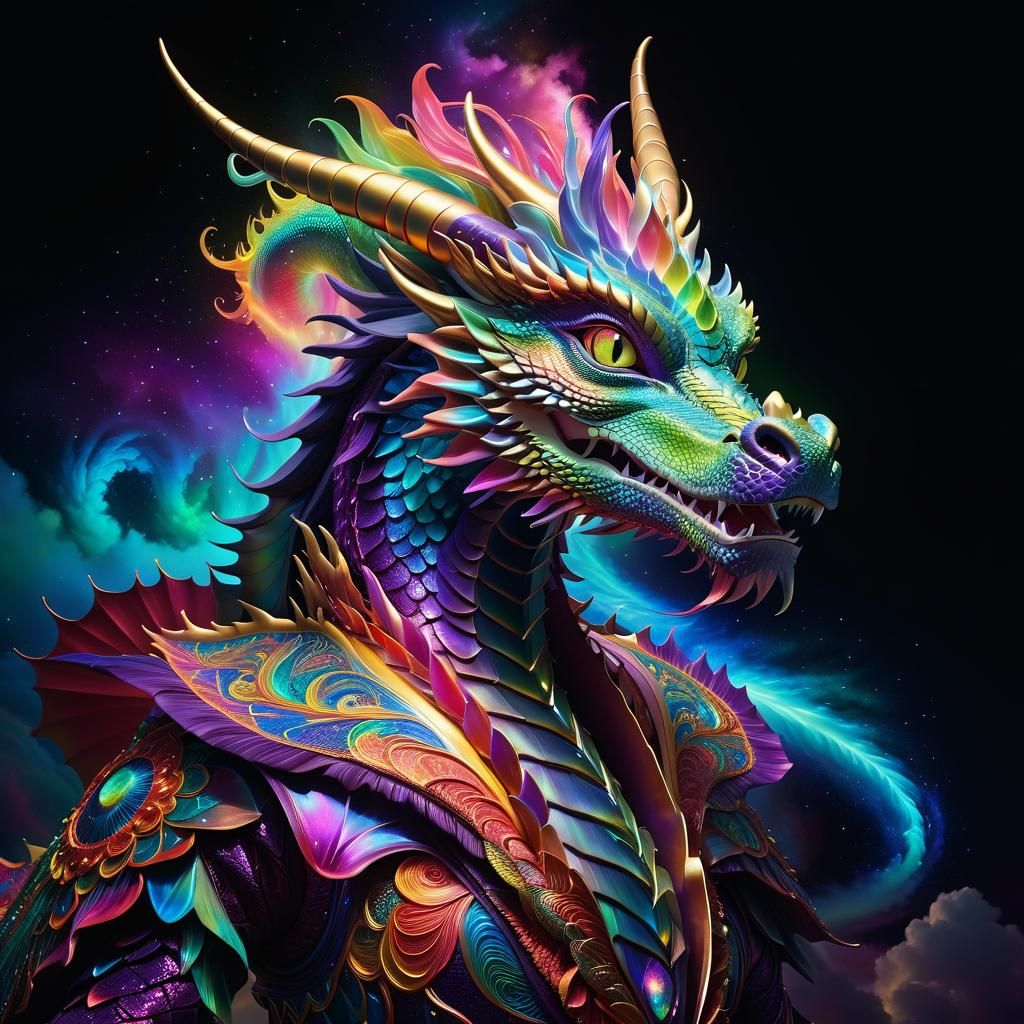 Iridescent Dragon Dances in Psychedelic Aurora Sky