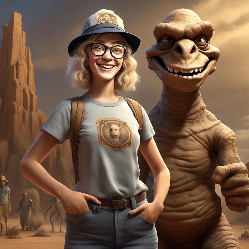 Skinny Nerd Girl and Desert Golem: Fantasy Art