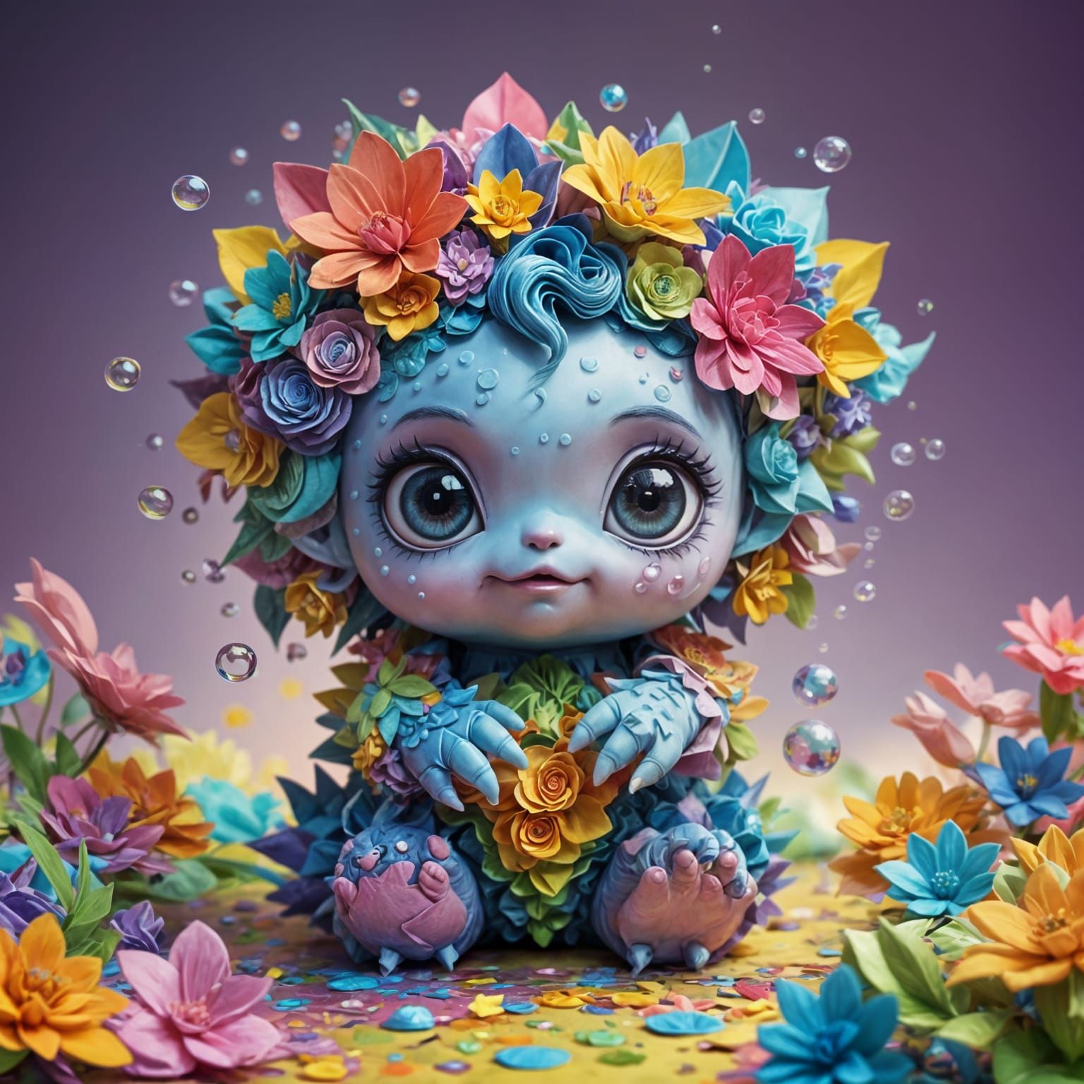 Whimsical Fantasy Monster Baby with Flowers and Rainbow Bubb...