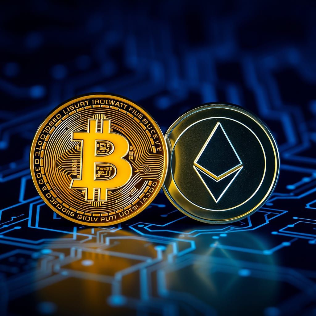 Golden Yellow Bitcoin and Platinum Blue Ethereum in Moody Di...