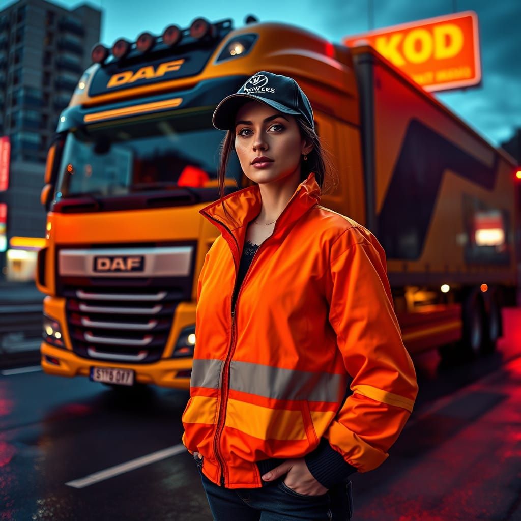 Confident Female Trucker in Neon Cityscape: Cinematic Realis...