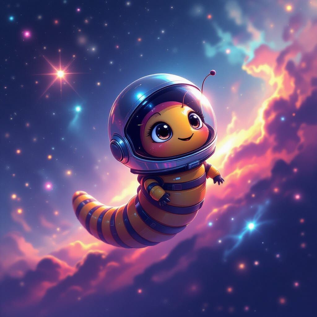 Caterpillar in Space Helmet Amidst Nebulae