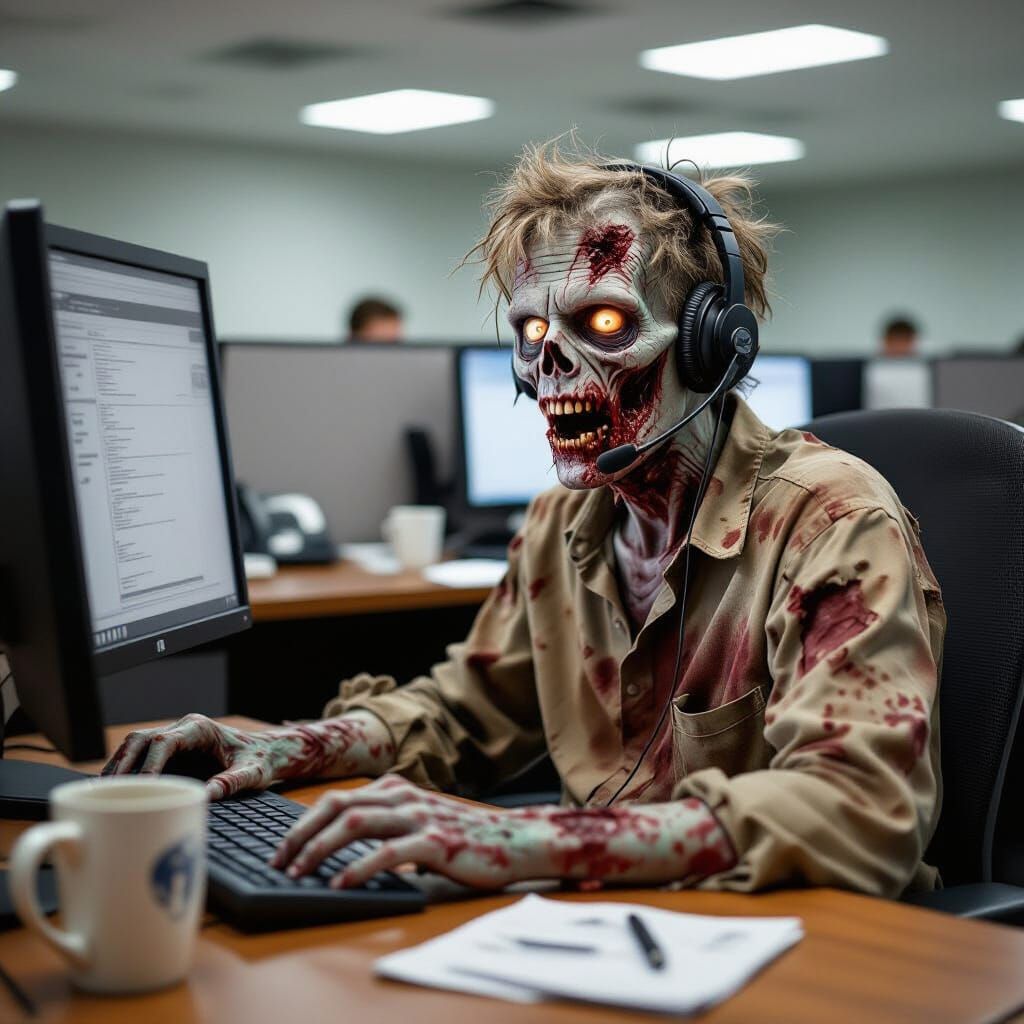Zombie Telemarketer Working in Cubicle