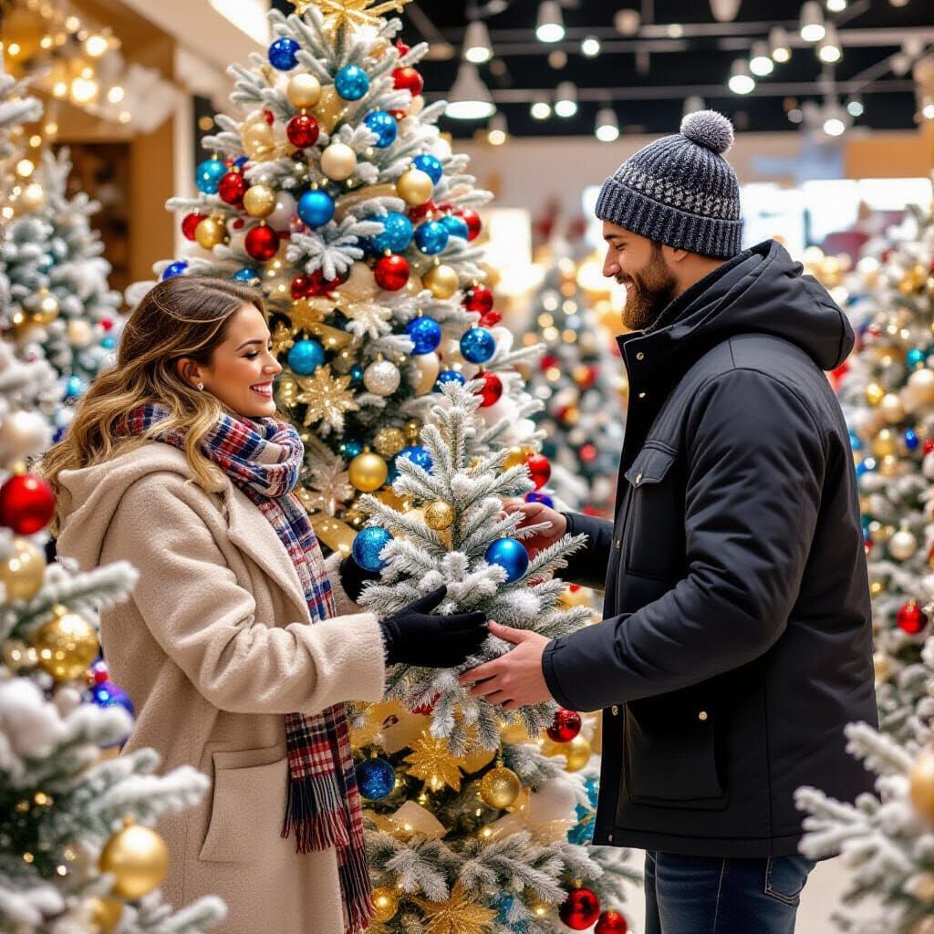 Whimsical Winter Scene: Couple Decorates Christmas Tree