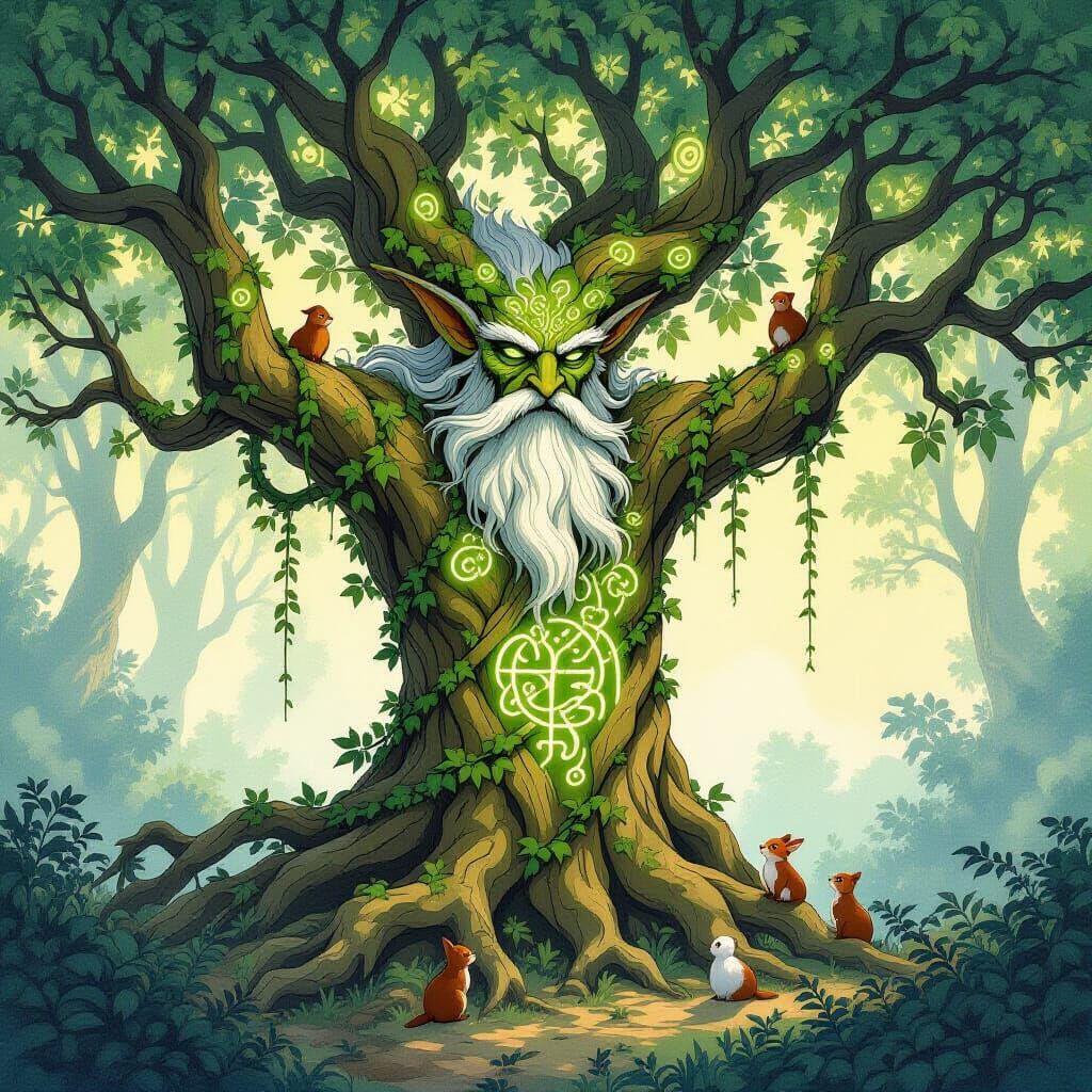 Majestic Treant Emerges from Ancient Forest, Watercolor Styl...