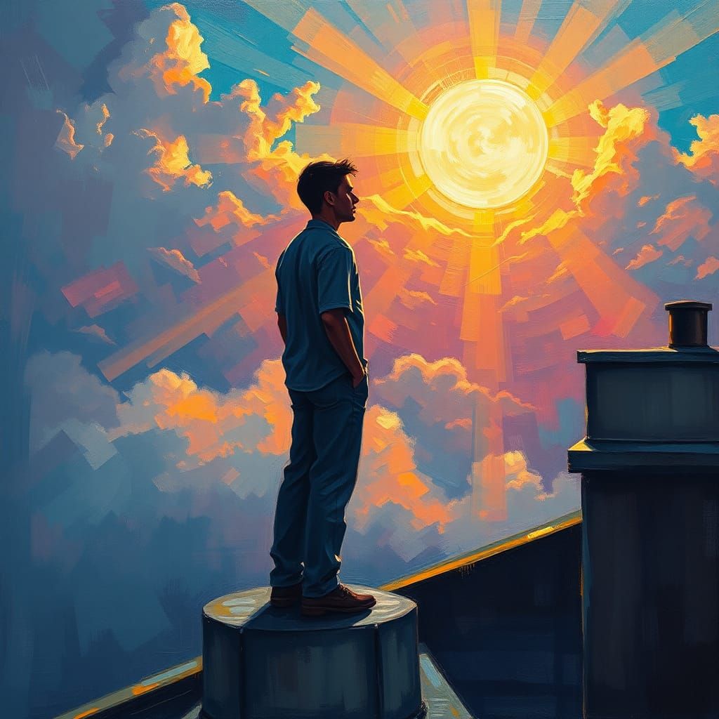 Rooftop Contemplation: Neo-Impressionist Sunrise