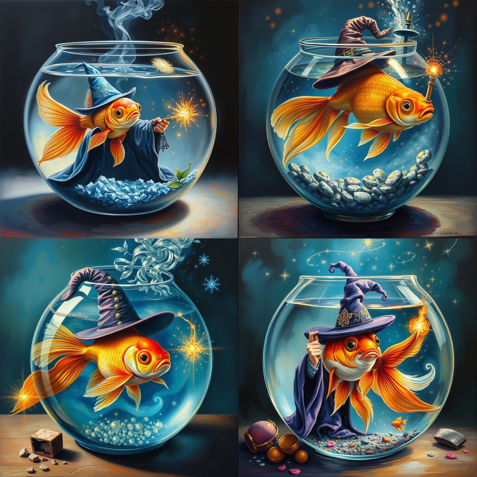 Wizard Goldfish in Surreal Fishbowl: Fantasy Oil Painting