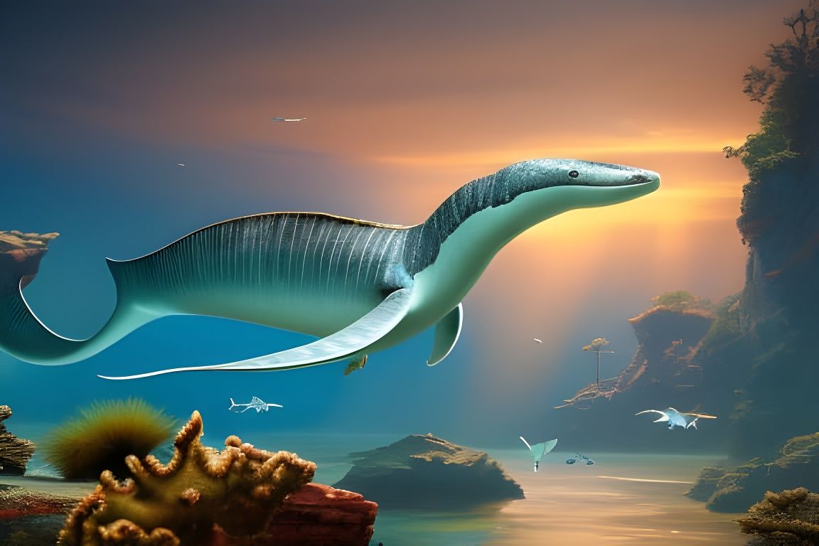 Plesiosaur Underwater Hunt in Precisionism Style
