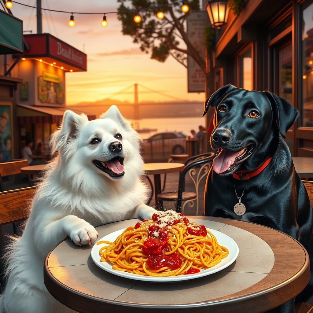 Dogs Savor Spaghetti in San Francisco's Vibrant North Beach