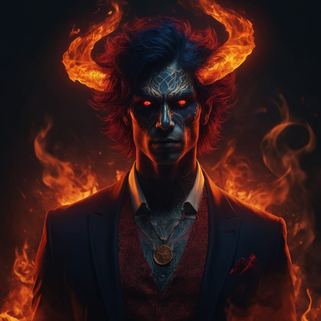 Dark fantasy portrait. Head and shoulders portrait. A devastatingly handsome demon male with pale skin, striking red and...