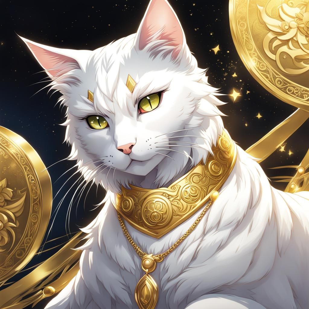 White Cat with Gold Crescent in Anime Style