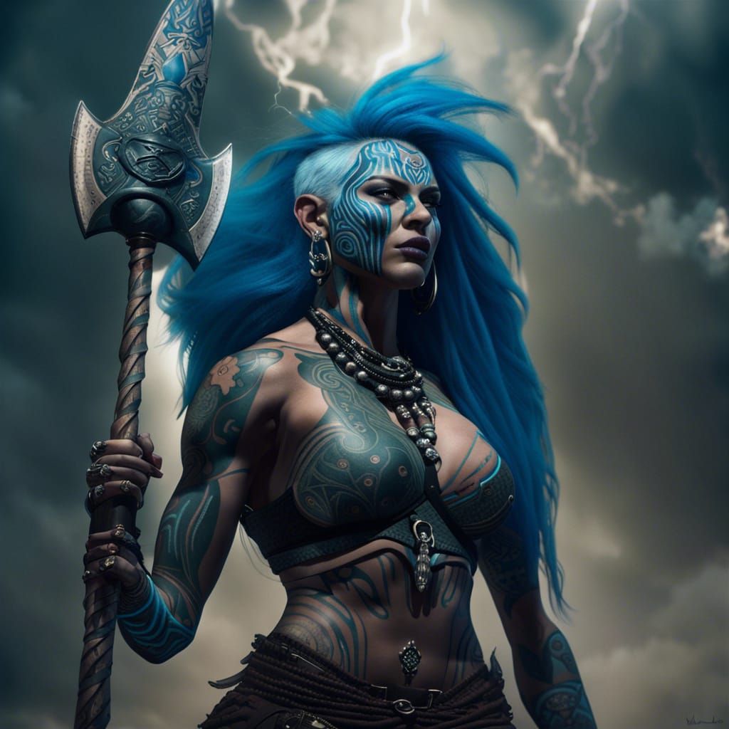Goddess Barbarian with Glowing Tattoos, Fantasy Art