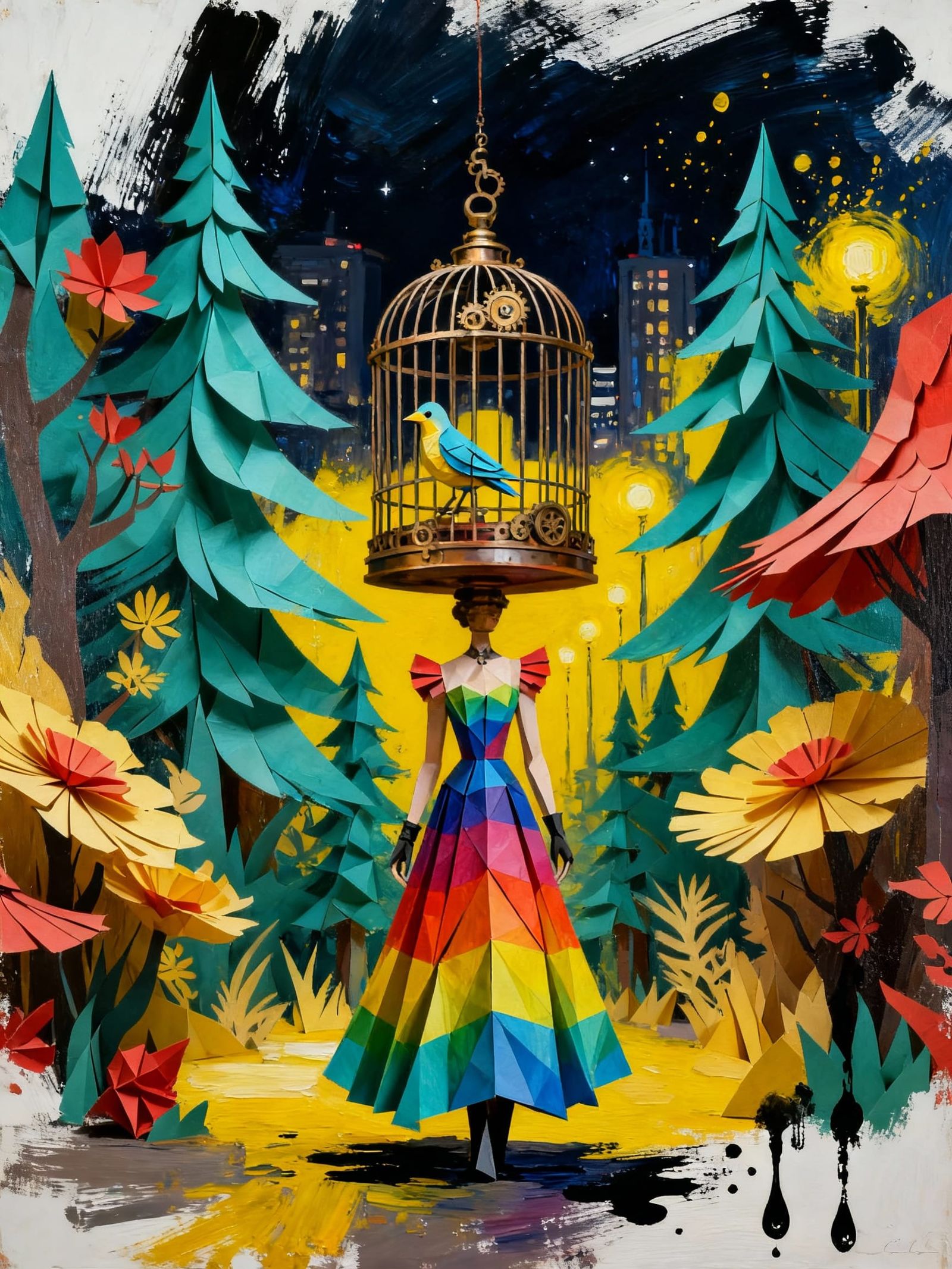 Steampunk Birdcage in Rainbow Dress, Oil on Canvas