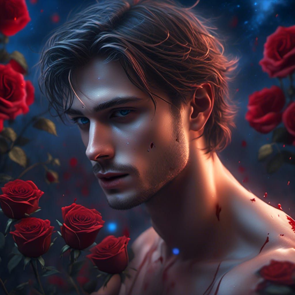 Mysterious Man Bites Rose in Surreal Nightscape