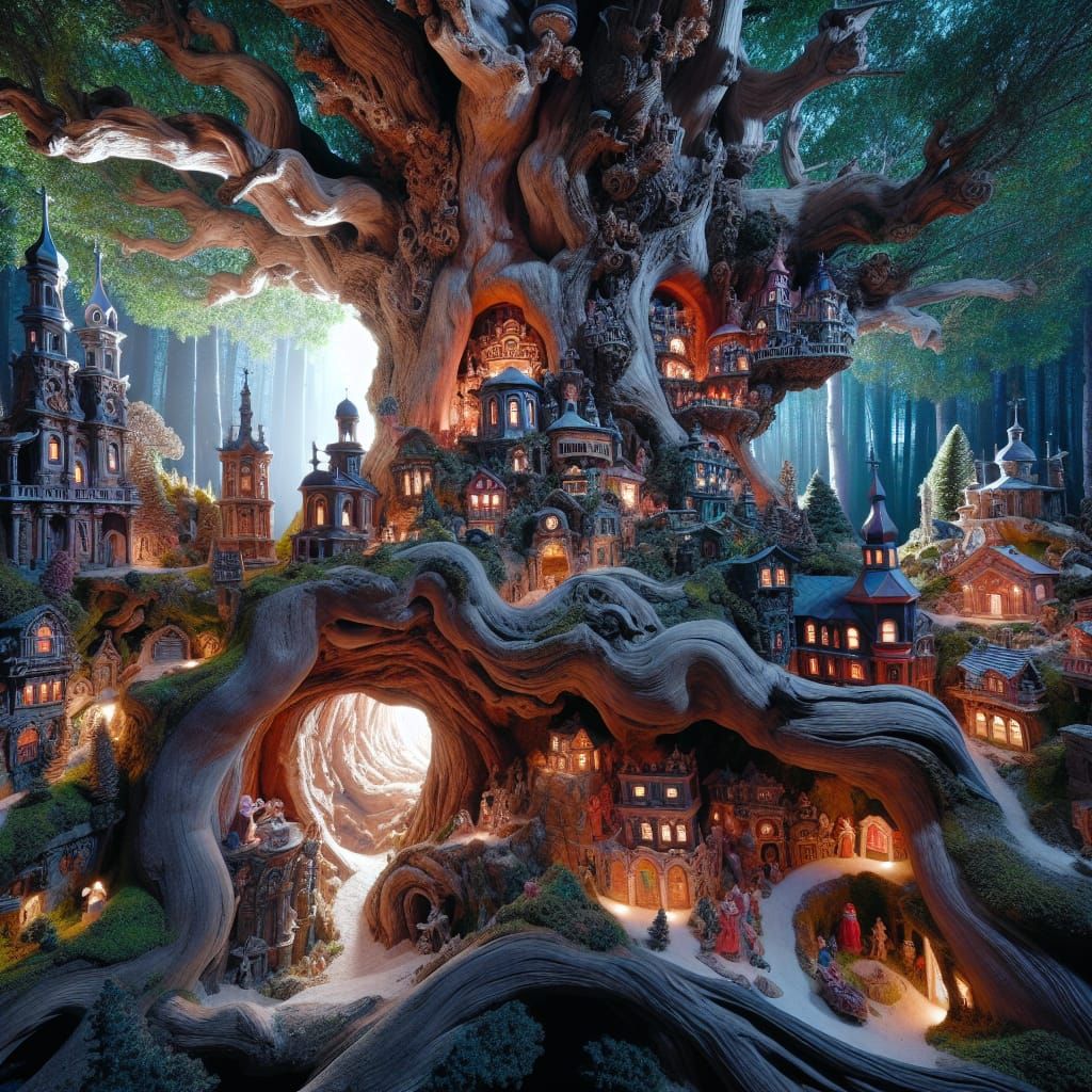 Miniature town with houses, church,
walkways and gnomes carv...