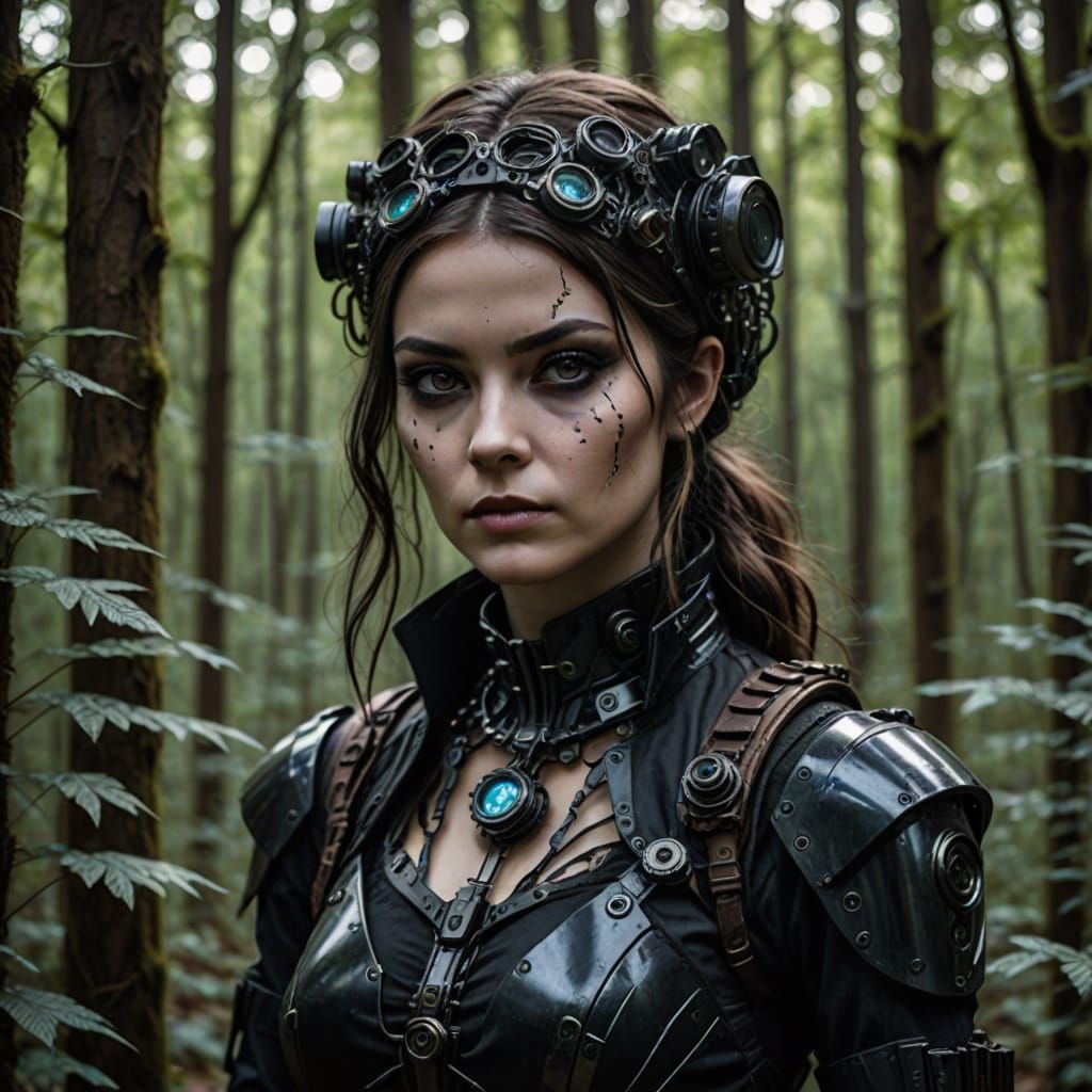 Gothic Cyberpunk Steampunk Woman in Forest