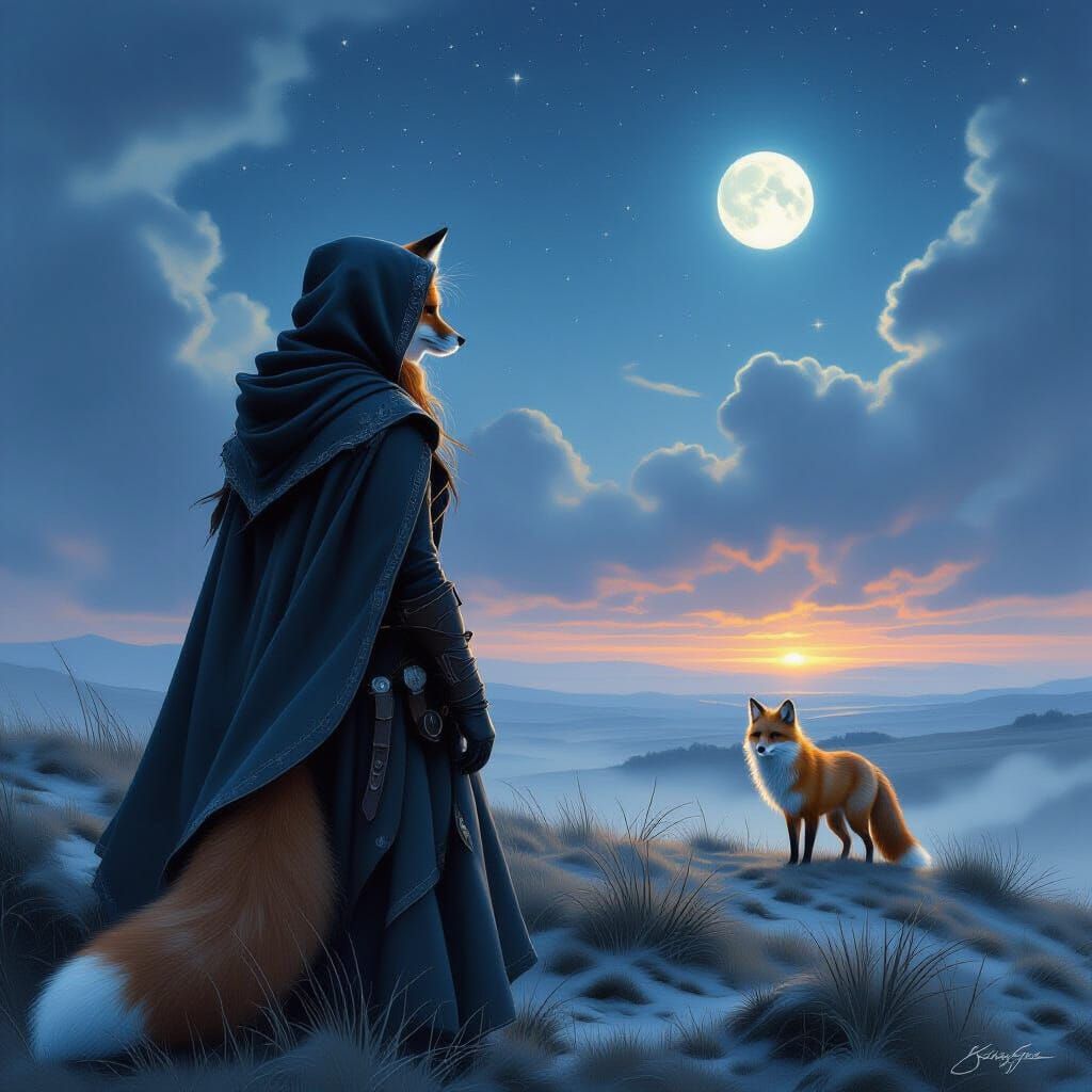 Fox Rider on Windswept Moor in Dreamy Style