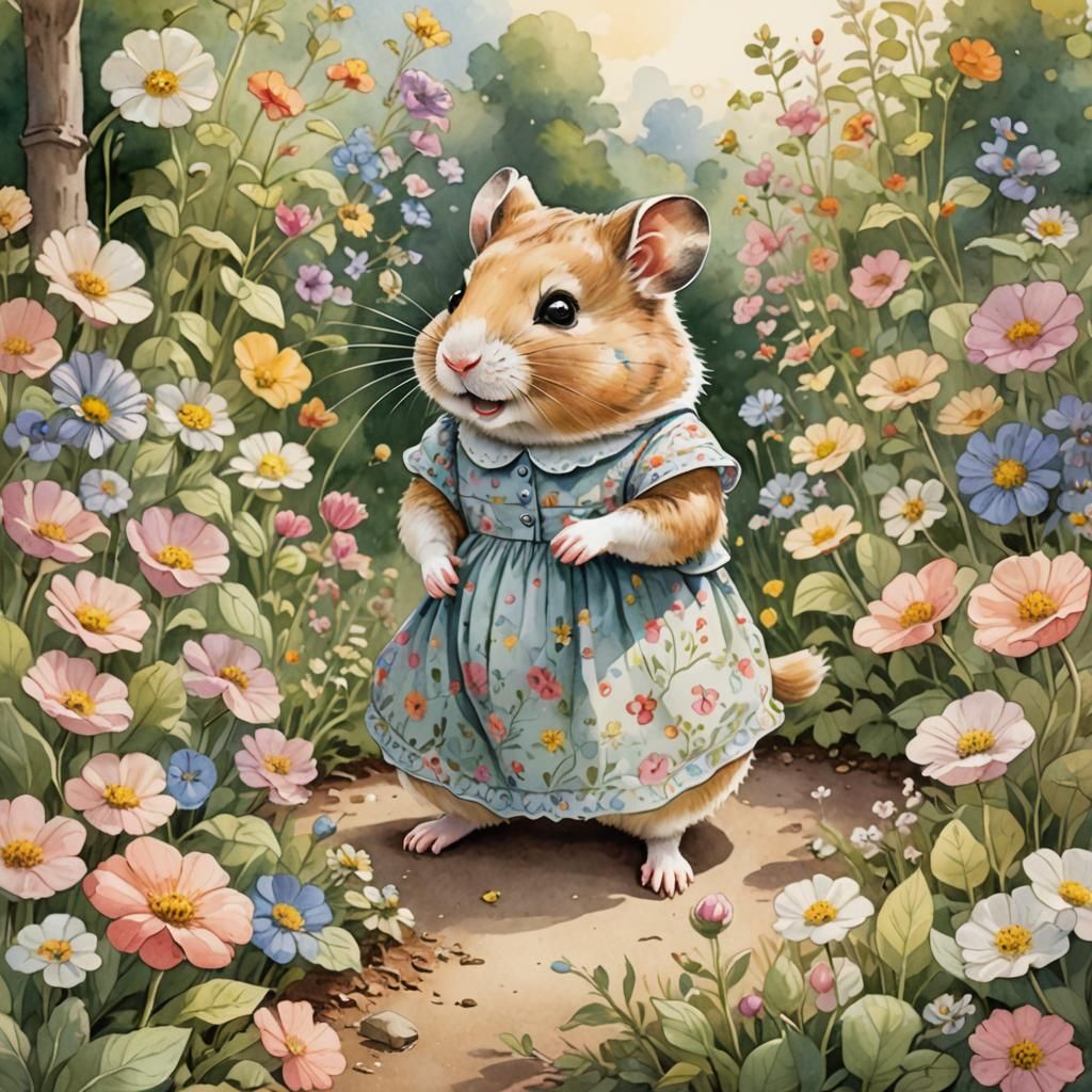 Whimsical Hamster in a Flowery Garden