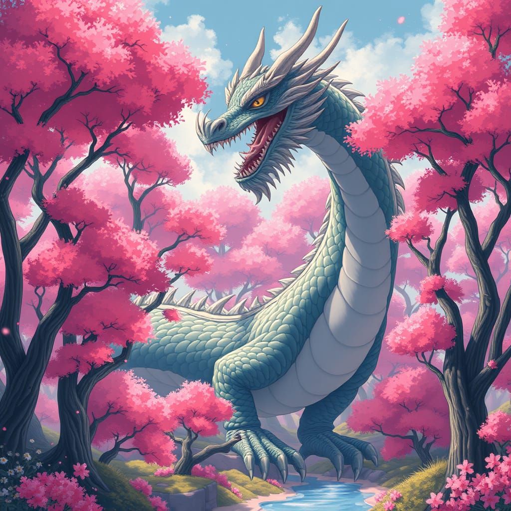 Majestic Dragon Amidst Pink Trees in Dreamlike Style
