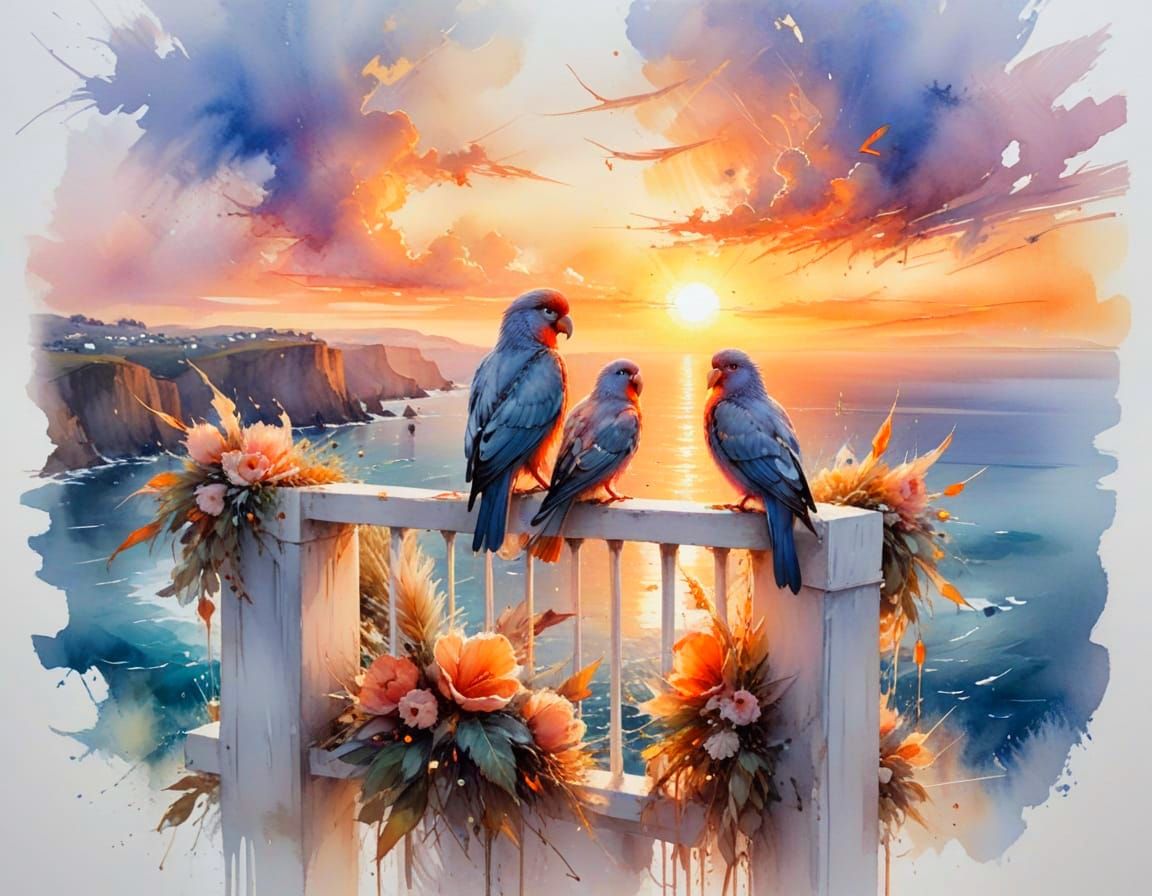 Lovebirds on Balcony Railing Overlooking Sea at Sunset