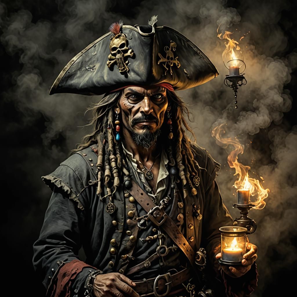 Modern Ink Wash Pirate Scene with Fog