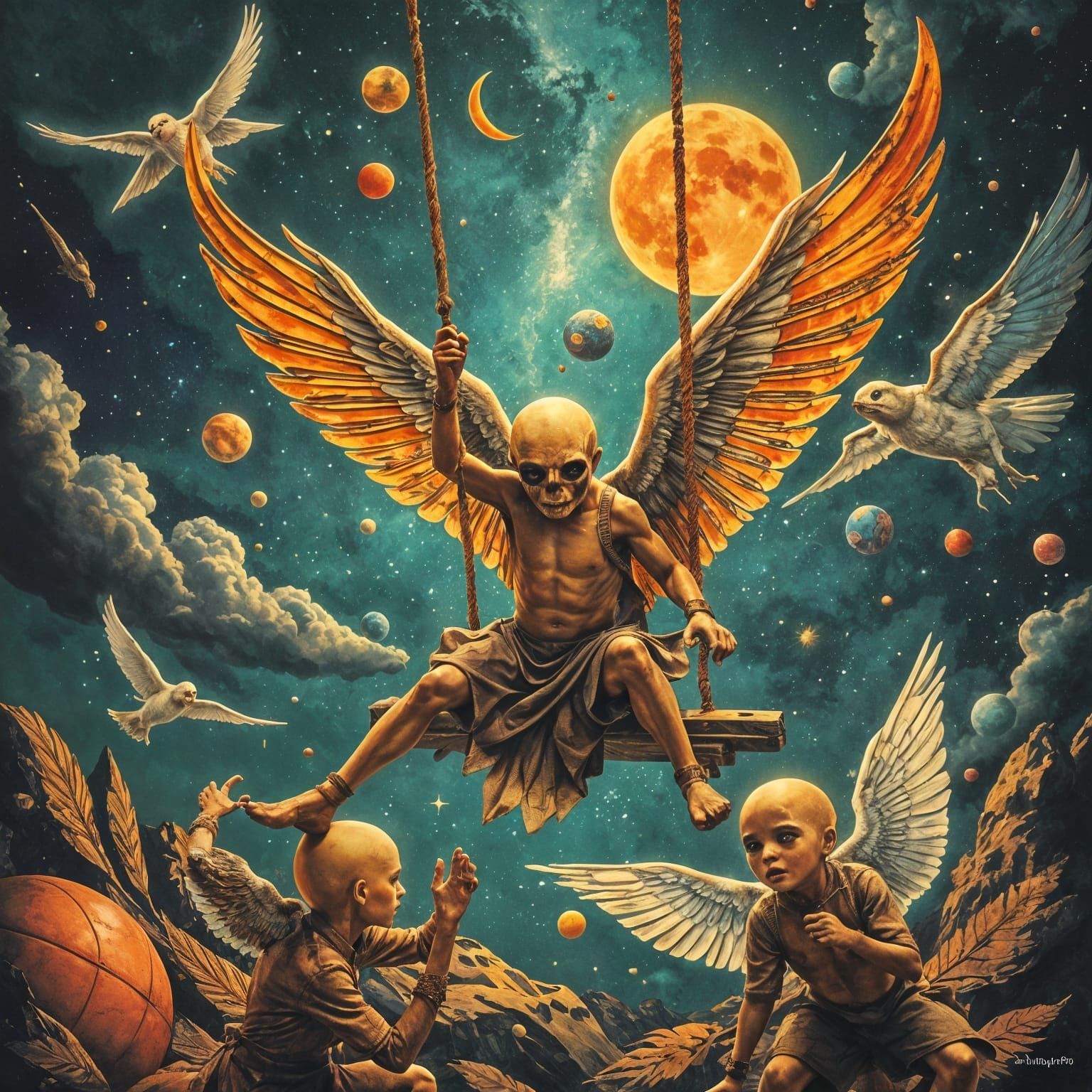 Retro-Futurism Winged Figures in Surreal Cross-Section