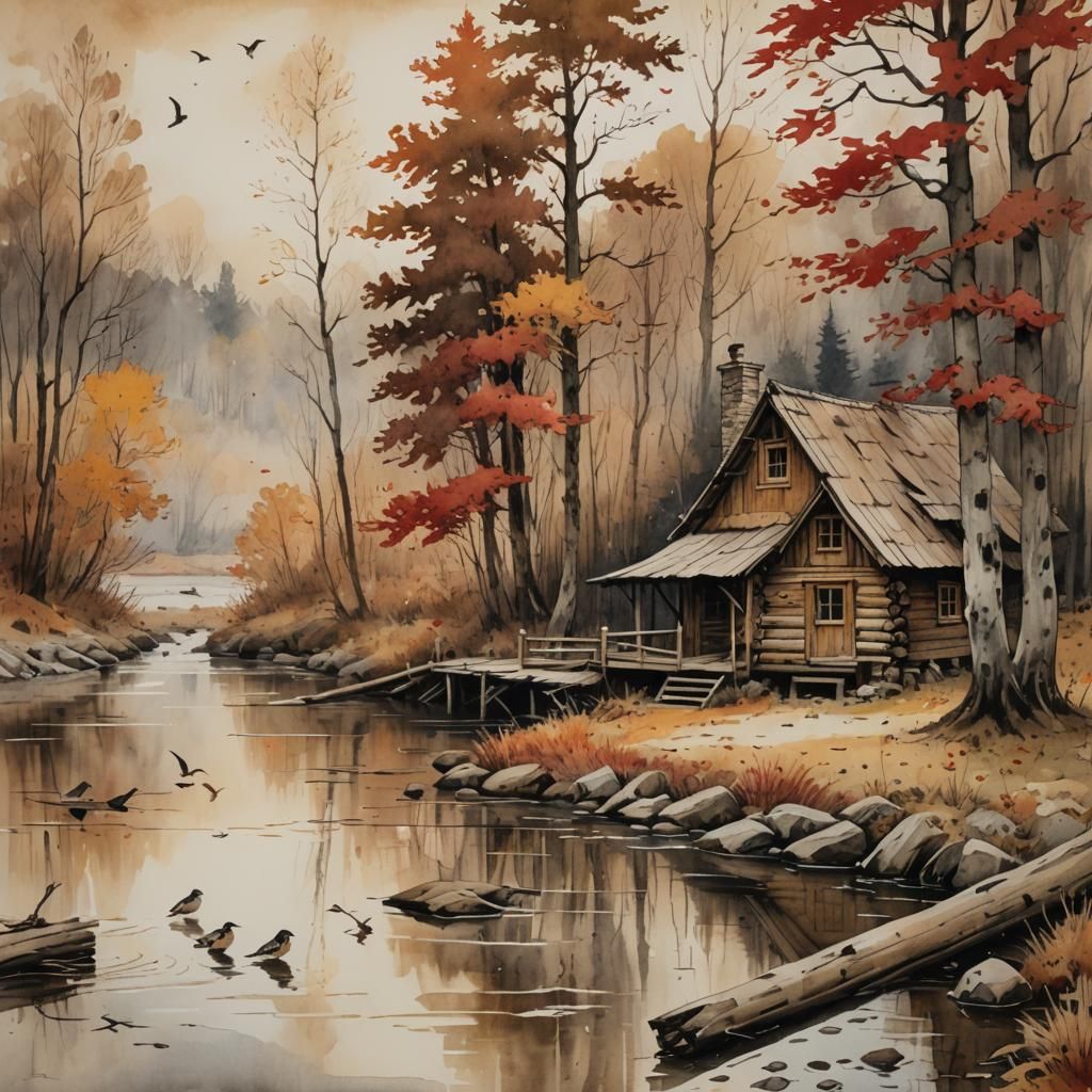 A log cabin by the autumn river
