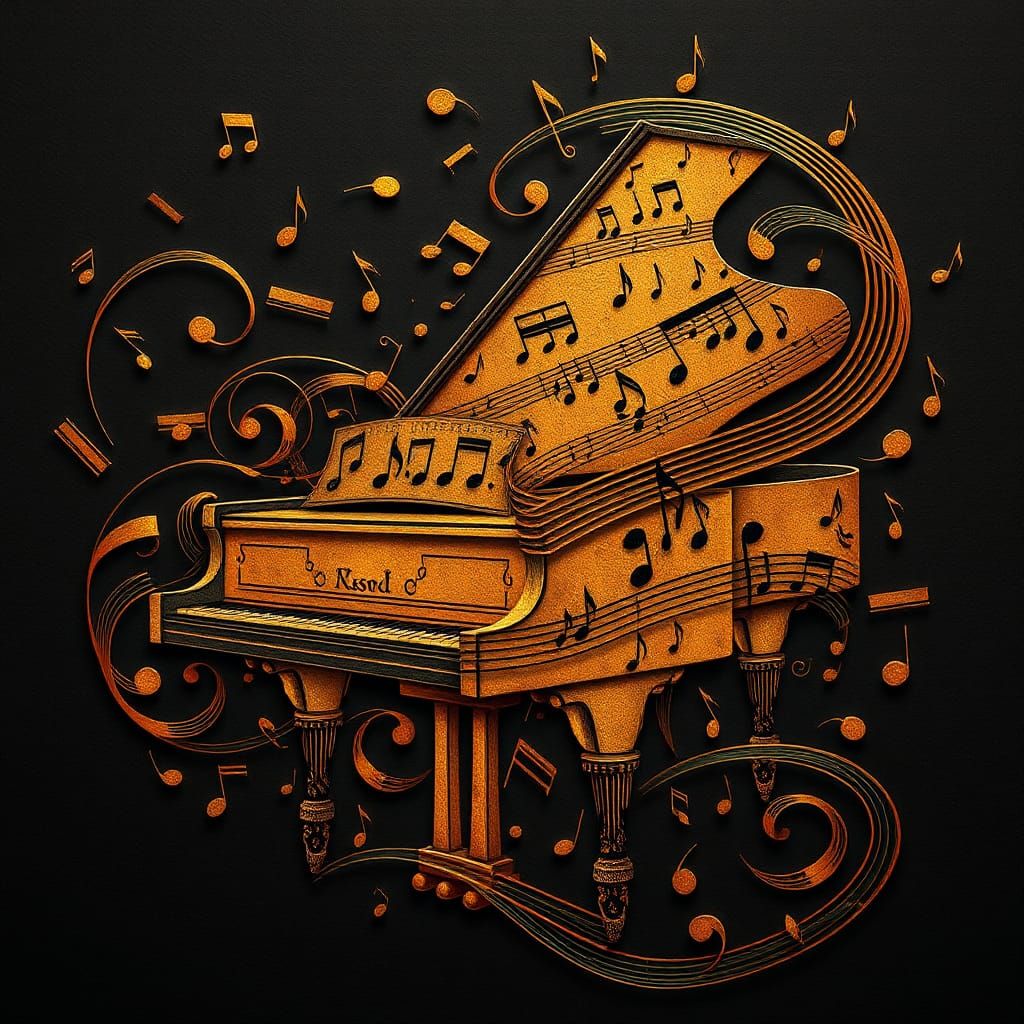 Grand Piano Silhouette in Art Nouveau Cubist Style