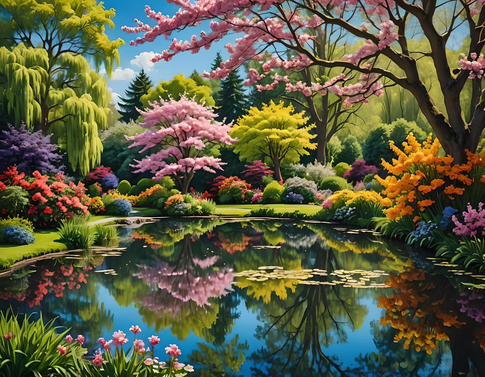 Blooming Gardens Reflect on Calm Pond