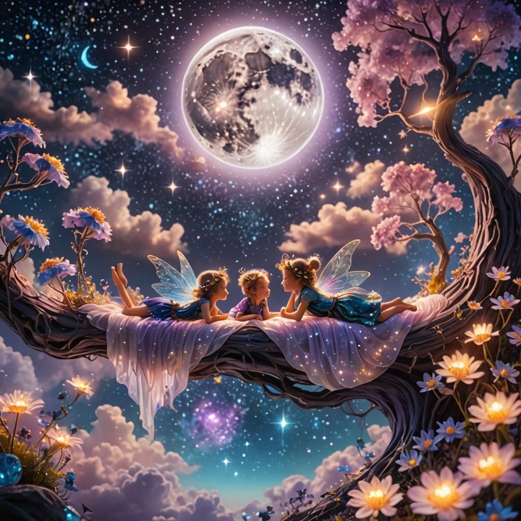 Fairies Sleeping on Bioluminescent Moon in Ethereal Galaxy