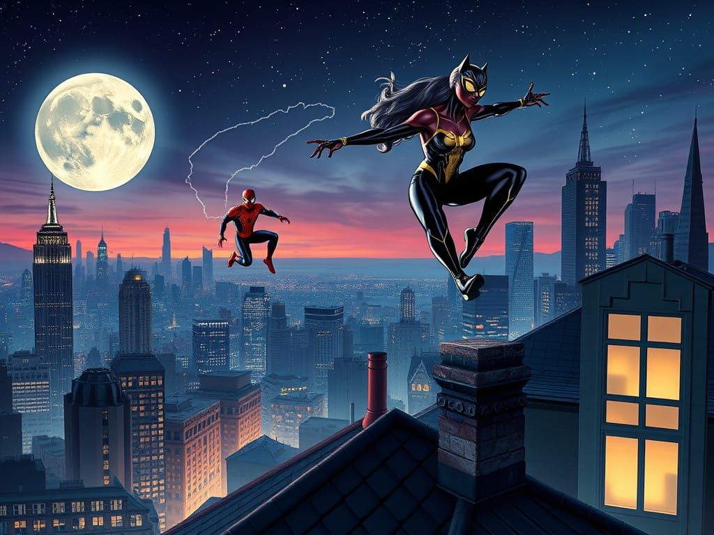 Hyperrealistic Catwoman Jumps Over City Roofs Under Full Moo...